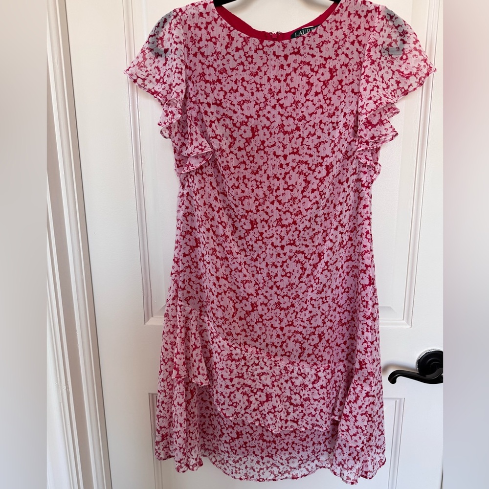 LAUREN Ralph Lauren Dress, Size 2P Red with White Flowers Ruffle Skirt - Picture 10 of 13